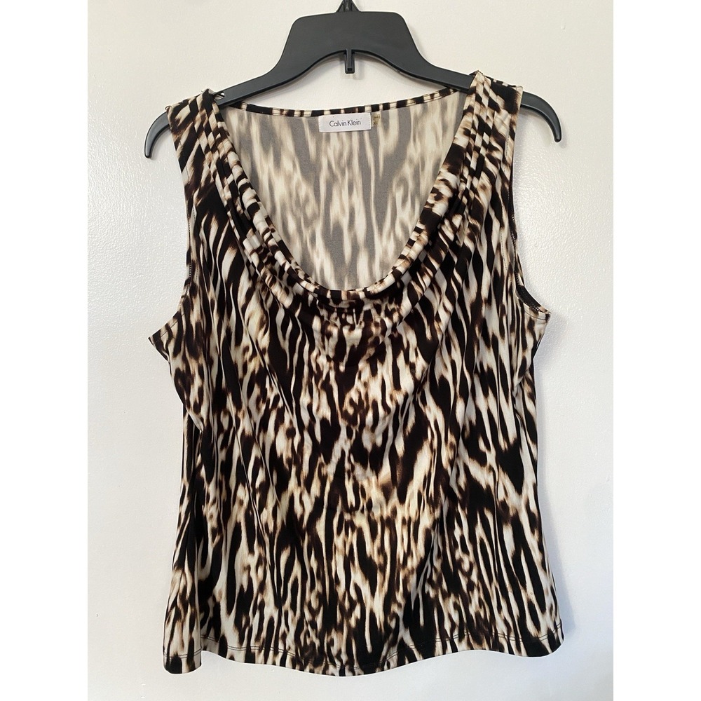 Calvin Klein Cowl Neck Blouse XL Black Cheetah Print Sleeveless